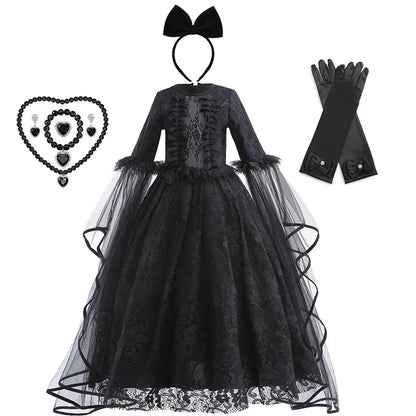 Girls Evil Queen Costume Dress with Lace Bodice and Layered Ruffles, Mid Calf