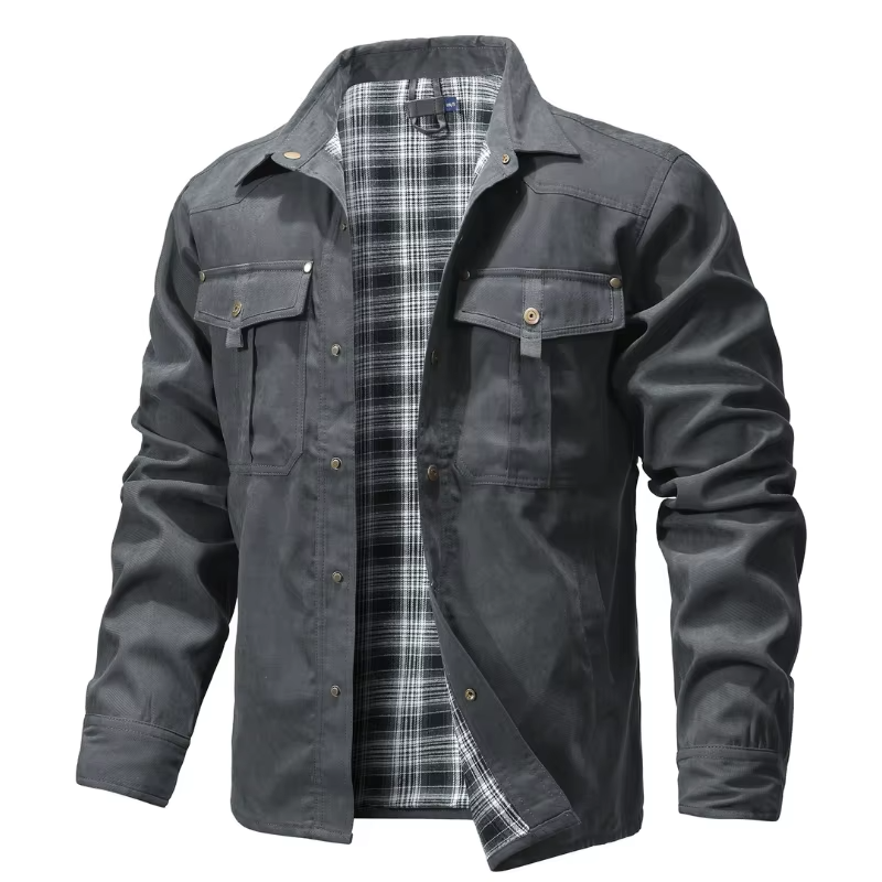 Mens Western Snap Overshirt with Flannel Lining and Yoke Seams for Cool Days