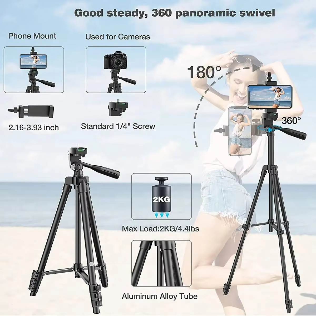Compact Tripod Stand with Wireless Remote and Phone Holder for Phones and DSLR Cameras