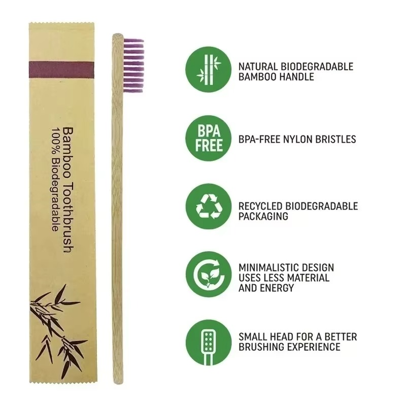 Bamboo Handled Toothbrush Ten Pack with Soft Nylon Bristles, Each Wrapped Separately