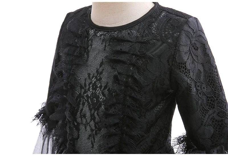 Girls Evil Queen Costume Dress with Lace Bodice and Layered Ruffles, Mid Calf