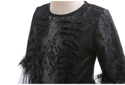 Girls Evil Queen Costume Dress with Lace Bodice and Layered Ruffles, Mid Calf