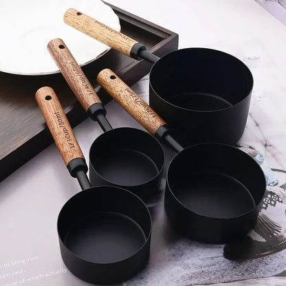 Measuring Cups and Spoons Set with Engraved Markings and Wooden Handles