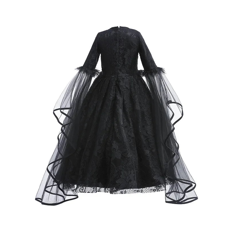 Girls Evil Queen Costume Dress with Lace Bodice and Layered Ruffles, Mid Calf