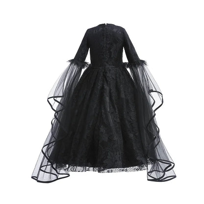Girls Evil Queen Costume Dress with Lace Bodice and Layered Ruffles, Mid Calf