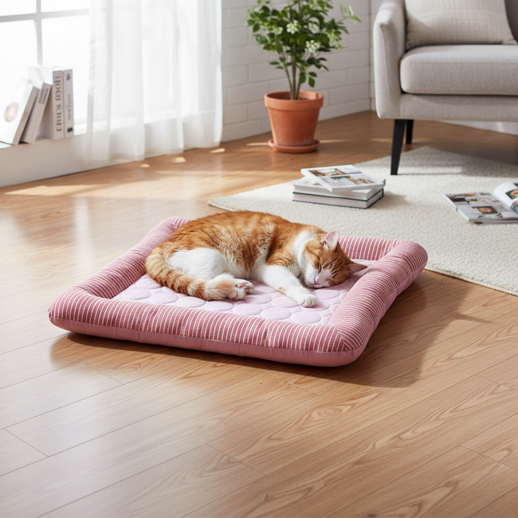 Breathable Cooling Pet Bed Mat with Ice Silk Surface and Edge Stitching, Blue or Pink