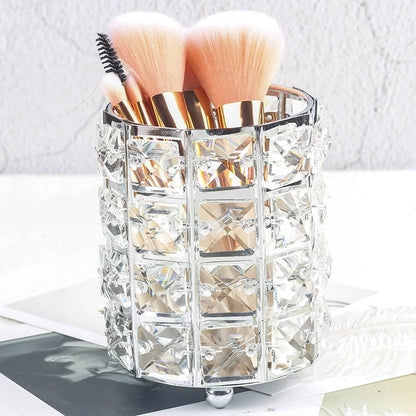 Makeup Brush Holder with Crystal Bead Design and Stainless Steel Frame, Gold or Silver