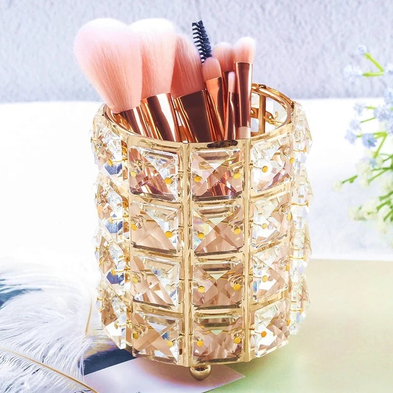 Makeup Brush Holder with Crystal Bead Design and Stainless Steel Frame, Gold or Silver