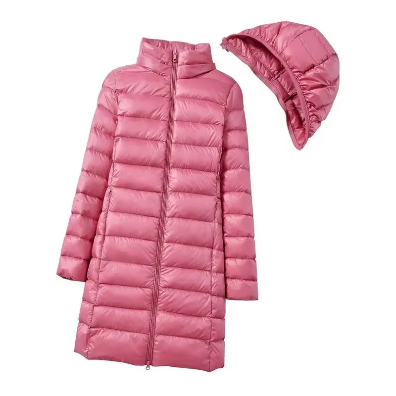 Womens Lightweight Long Hooded Parka with a Removable Hood, Front Zip and Button Placket in Seven Colors