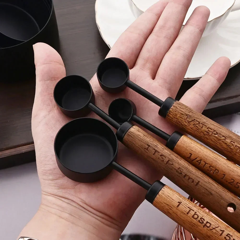 Measuring Cups and Spoons Set with Engraved Markings and Wooden Handles