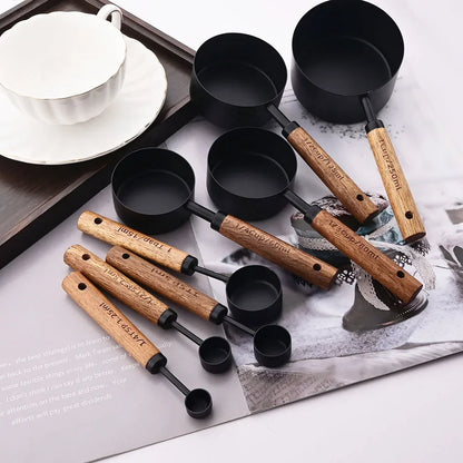 Measuring Cups and Spoons Set with Engraved Markings and Wooden Handles
