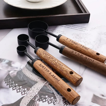 Measuring Cups and Spoons Set with Engraved Markings and Wooden Handles