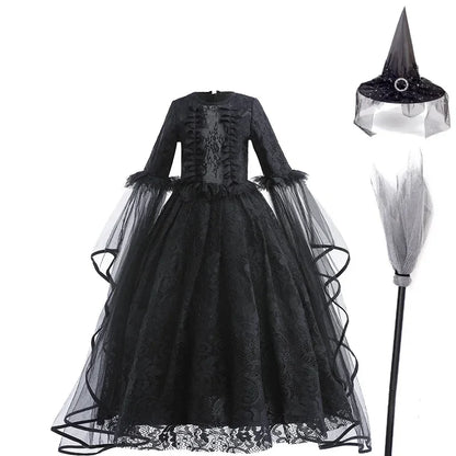 Girls Evil Queen Costume Dress with Lace Bodice and Layered Ruffles, Mid Calf