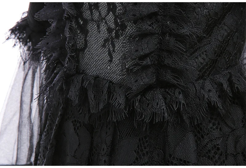 Girls Evil Queen Costume Dress with Lace Bodice and Layered Ruffles, Mid Calf