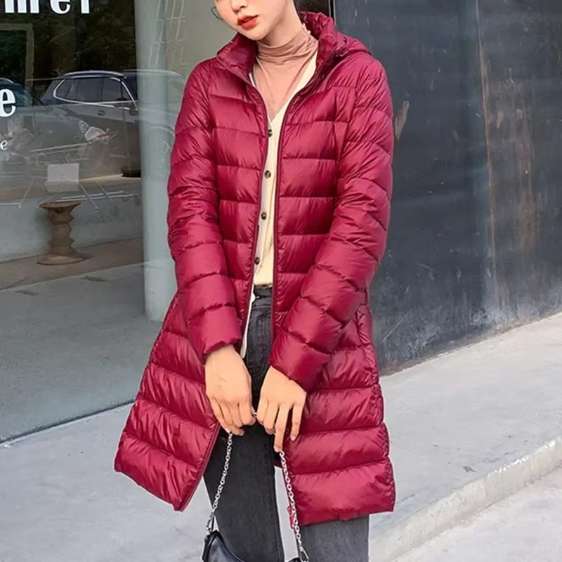 Womens Lightweight Long Hooded Parka with a Removable Hood, Front Zip and Button Placket in Seven Colors