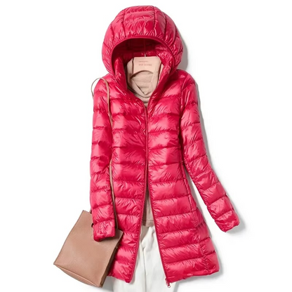 Womens Lightweight Long Hooded Parka with a Removable Hood, Front Zip and Button Placket in Seven Colors
