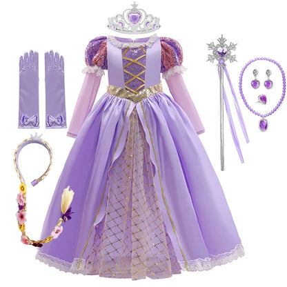 Girls Ball Gown Dress with Puff Sleeves and Applique Details, Mid Calf Length