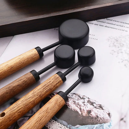 Measuring Cups and Spoons Set with Engraved Markings and Wooden Handles