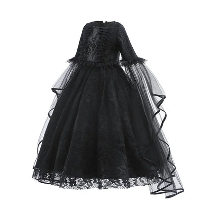 Girls Evil Queen Costume Dress with Lace Bodice and Layered Ruffles, Mid Calf