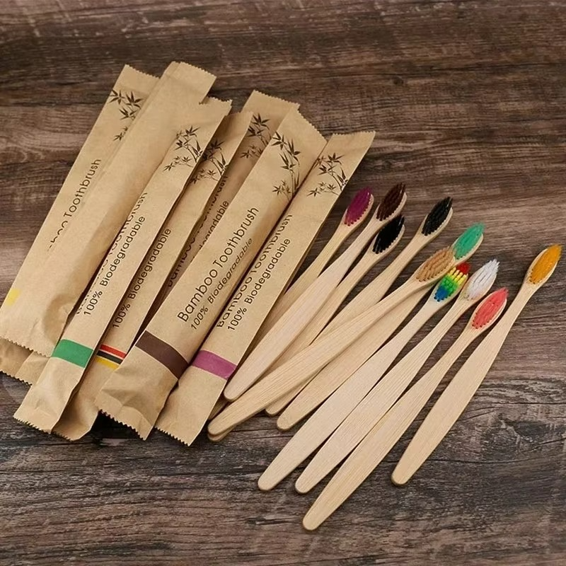 Bamboo Handled Toothbrush Ten Pack with Soft Nylon Bristles, Each Wrapped Separately