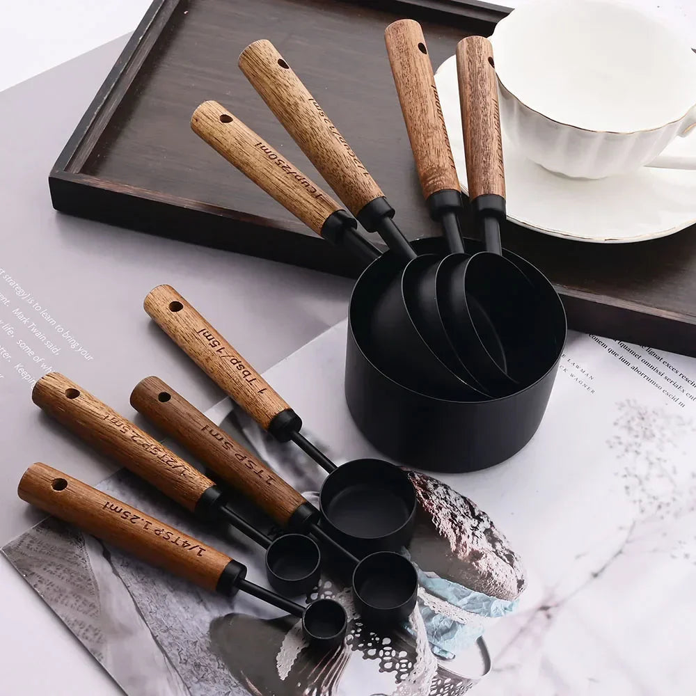 Measuring Cups and Spoons Set with Engraved Markings and Wooden Handles