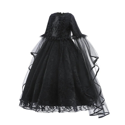 Girls Evil Queen Costume Dress with Lace Bodice and Layered Ruffles, Mid Calf