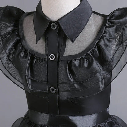 Girls Gothic Layered Cake Gown with Mesh Cutout Details and Mid Calf Length