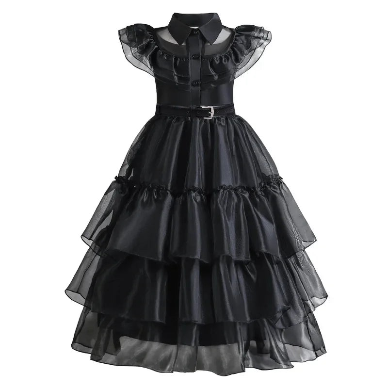 Girls Gothic Layered Cake Gown with Mesh Cutout Details and Mid Calf Length