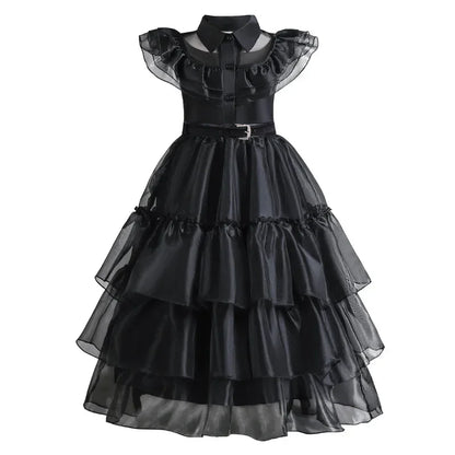 Girls Gothic Layered Cake Gown with Mesh Cutout Details and Mid Calf Length