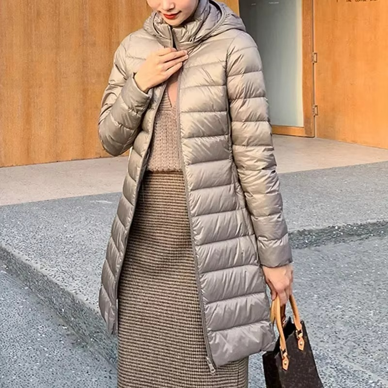 Womens Lightweight Long Hooded Parka with a Removable Hood, Front Zip and Button Placket in Seven Colors