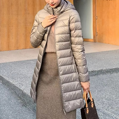 Womens Lightweight Long Hooded Parka with a Removable Hood, Front Zip and Button Placket in Seven Colors