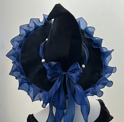 Woven Polyester Witch Hat with Tall Cone, Wide Brim, and Bow in Four Bow Colors