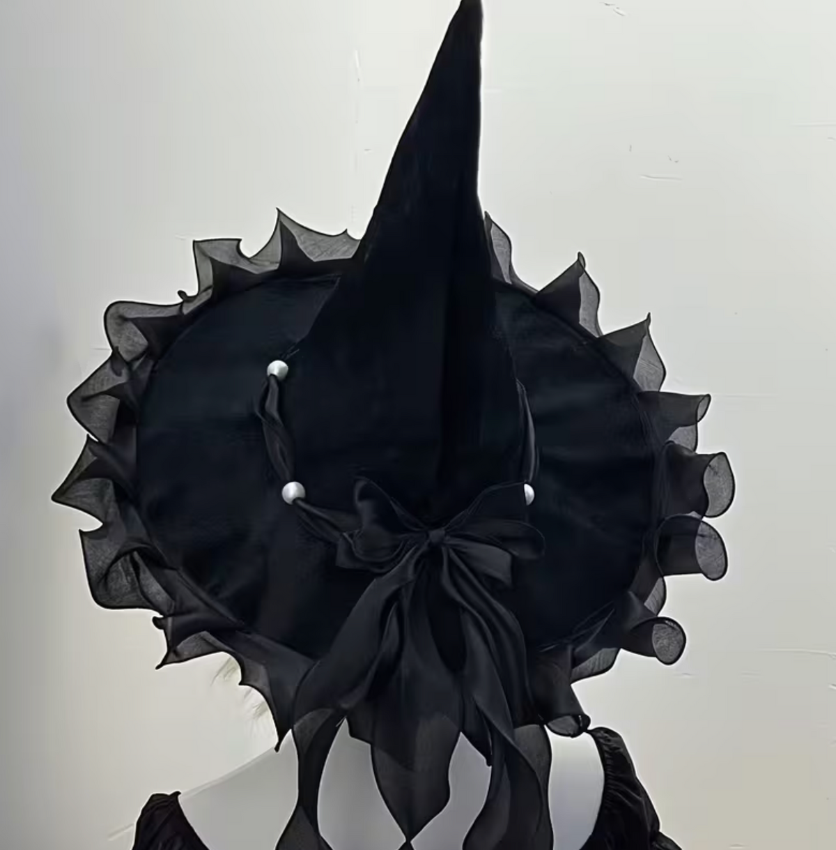 Woven Polyester Witch Hat with Tall Cone, Wide Brim, and Bow in Four Bow Colors