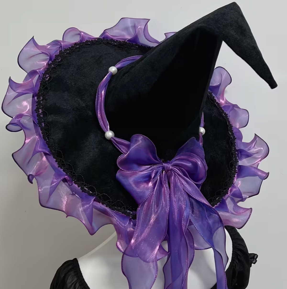 Woven Polyester Witch Hat with Tall Cone, Wide Brim, and Bow in Four Bow Colors
