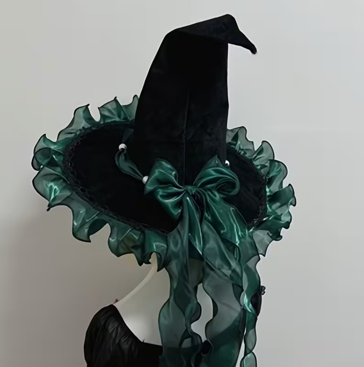 Woven Polyester Witch Hat with Tall Cone, Wide Brim, and Bow in Four Bow Colors