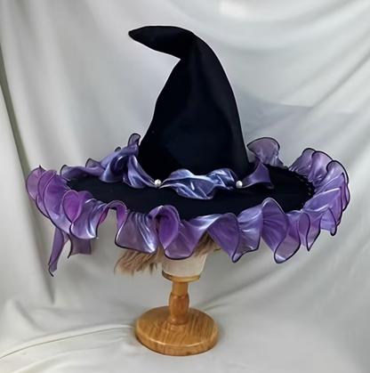 Woven Polyester Witch Hat with Tall Cone, Wide Brim, and Bow in Four Bow Colors