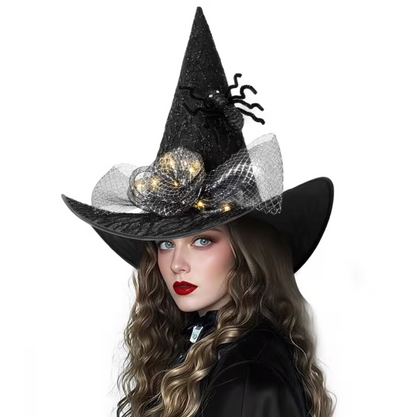 Light Up Witch Hat with Spider Web Design, Hidden LED Switch, and Fabric Roses