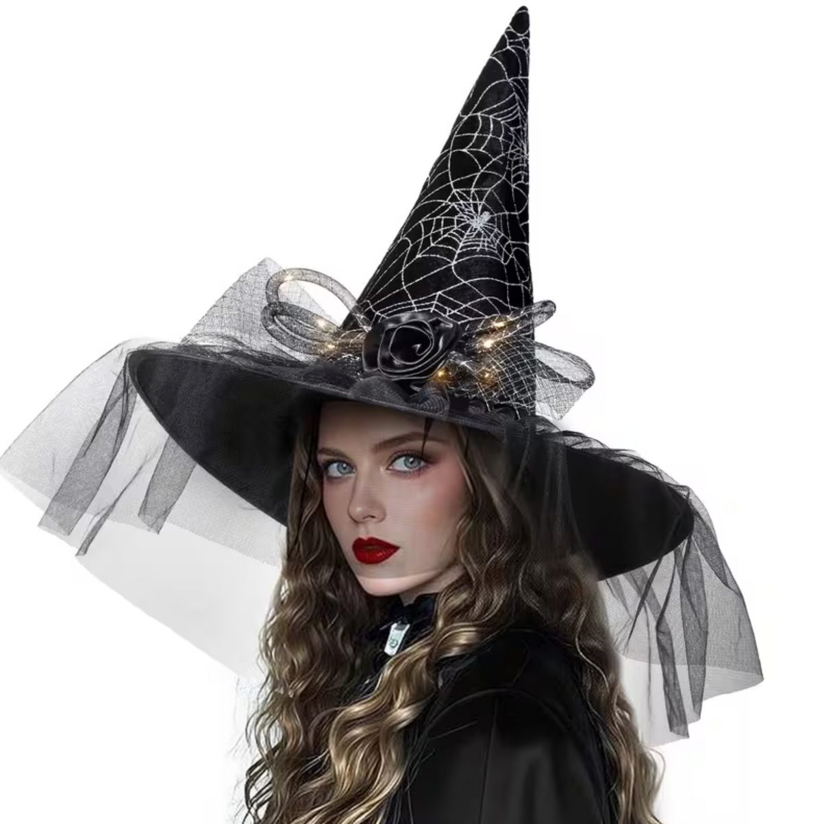 Light Up Witch Hat with Spider Web Design, Hidden LED Switch, and Fabric Roses