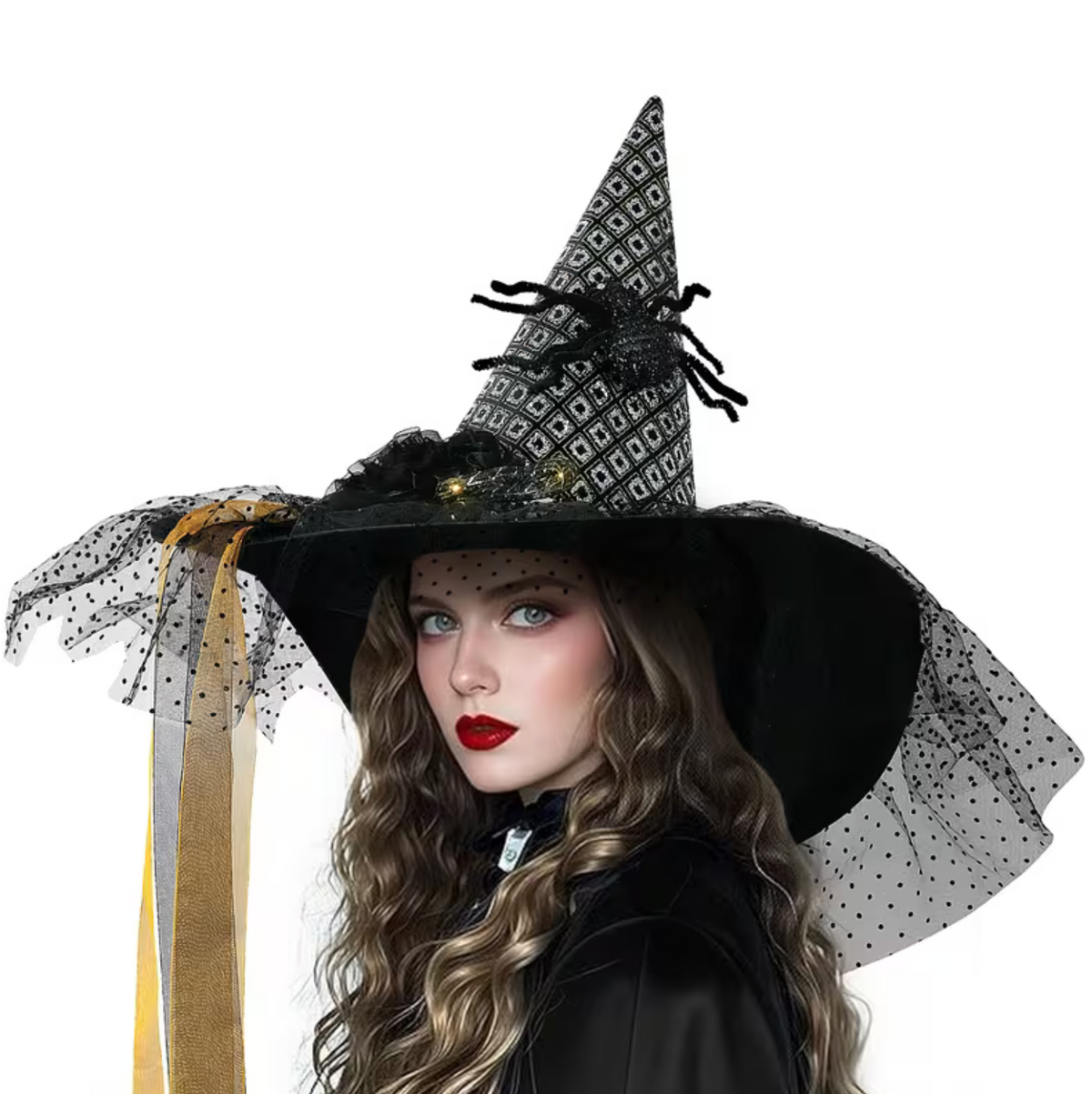 Light Up Witch Hat with Spider Web Design, Hidden LED Switch, and Fabric Roses