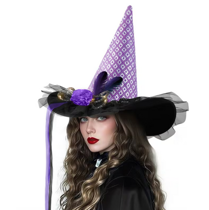 Light Up Witch Hat with Spider Web Design, Hidden LED Switch, and Fabric Roses