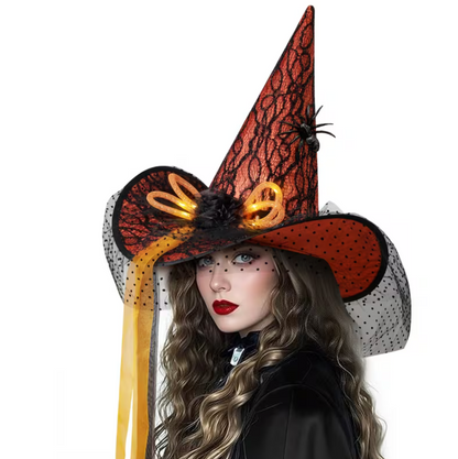 Light Up Witch Hat with Spider Web Design, Hidden LED Switch, and Fabric Roses