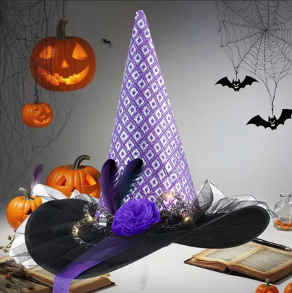 Light Up Witch Hat with Spider Web Design, Hidden LED Switch, and Fabric Roses