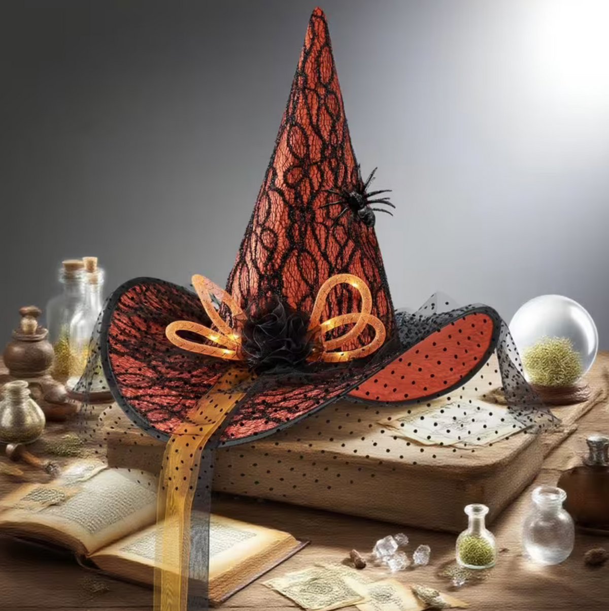 Light Up Witch Hat with Spider Web Design, Hidden LED Switch, and Fabric Roses