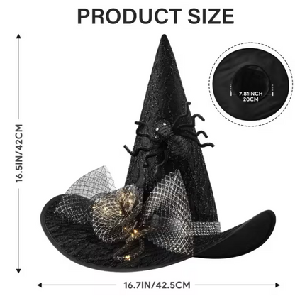 Light Up Witch Hat with Spider Web Design, Hidden LED Switch, and Fabric Roses