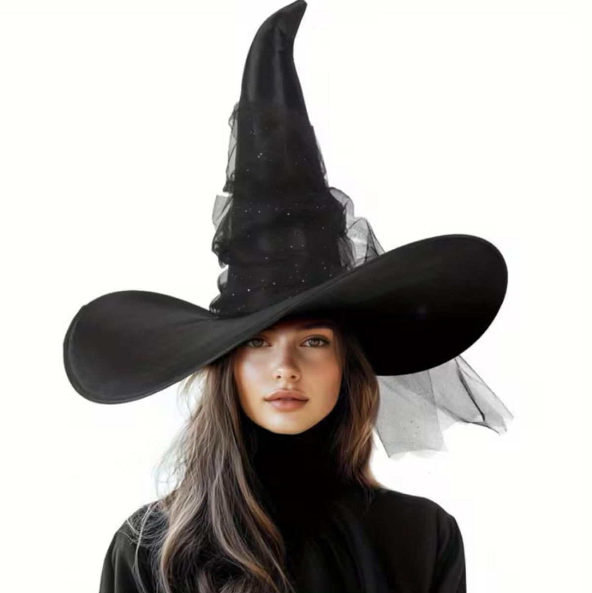 Black Gothic Witch Hat with Wide Brim, Tall Cone, and Hanging Glitter Star Veil
