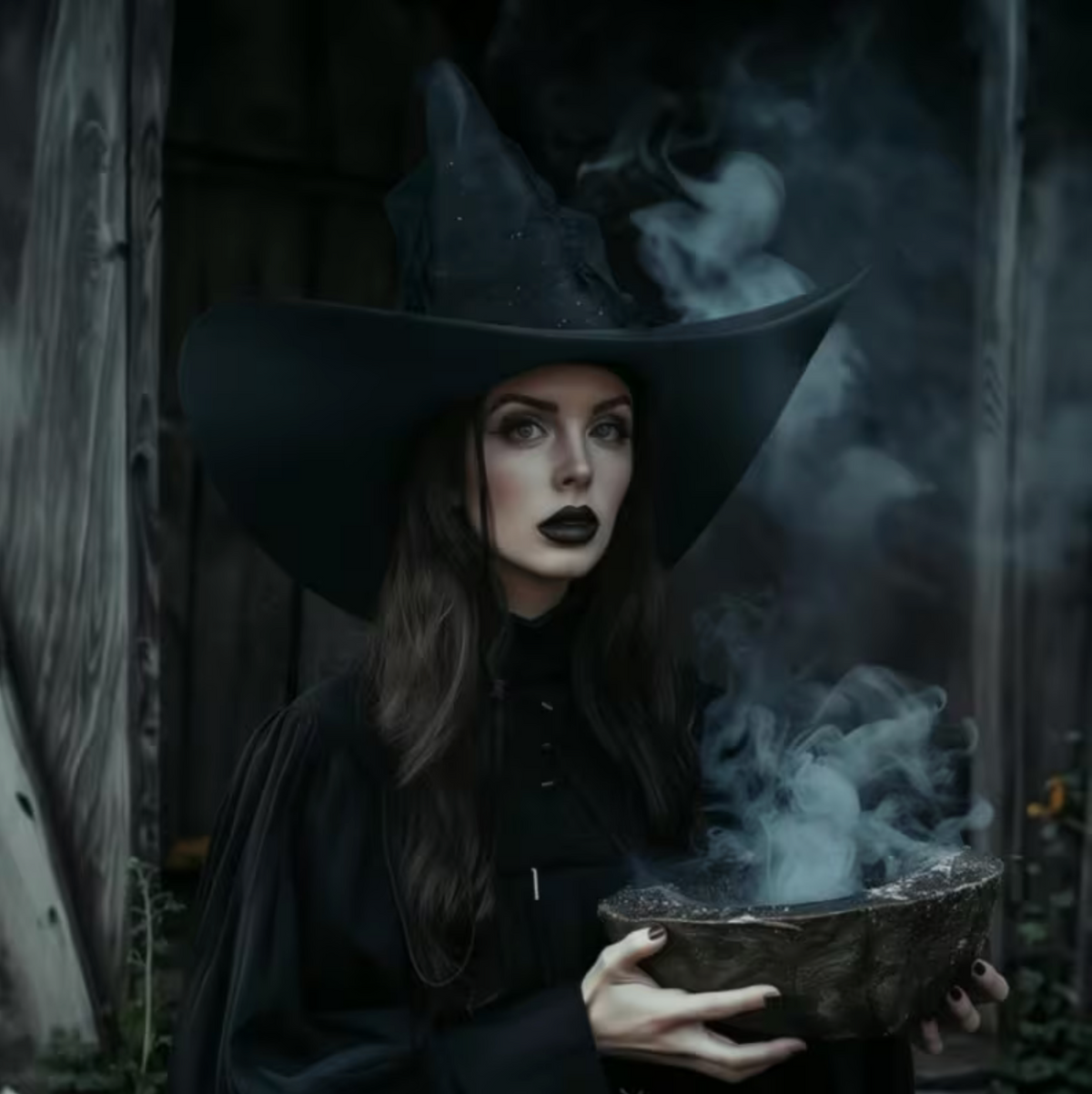 Black Gothic Witch Hat with Wide Brim, Tall Cone, and Hanging Glitter Star Veil