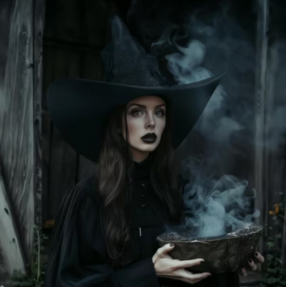 Black Gothic Witch Hat with Wide Brim, Tall Cone, and Hanging Glitter Star Veil