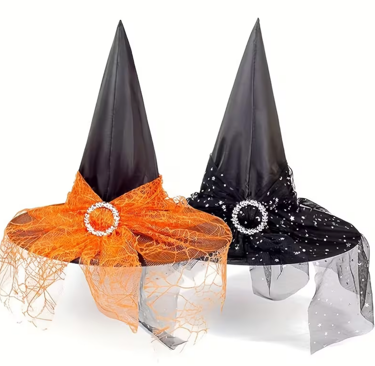 Black and Orange Tulle Witch Hat Duo with Pointed Cones and Lace Trim Bases
