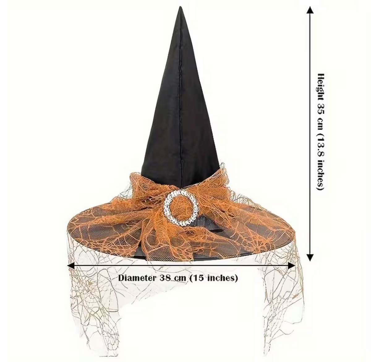 Black and Orange Tulle Witch Hat Duo with Pointed Cones and Lace Trim Bases