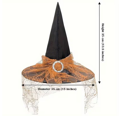 Black and Orange Tulle Witch Hat Duo with Pointed Cones and Lace Trim Bases